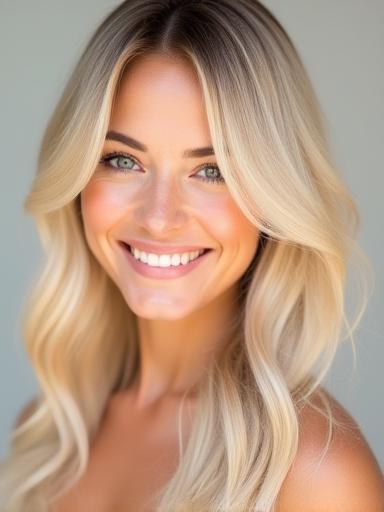 Smiling client with fresh blonde balayage by The London Hair Studio