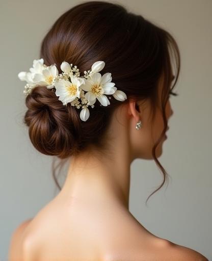 Elegant bridal updo with floral accents